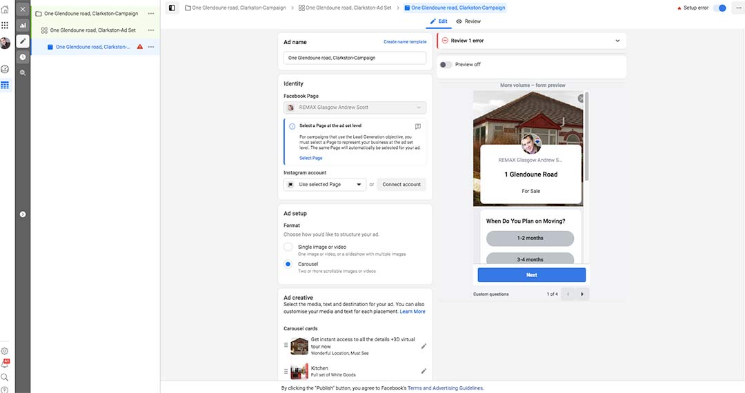 screenshot of Creating a Facebook Ad using Messenger as a response to Ad - Screen 1